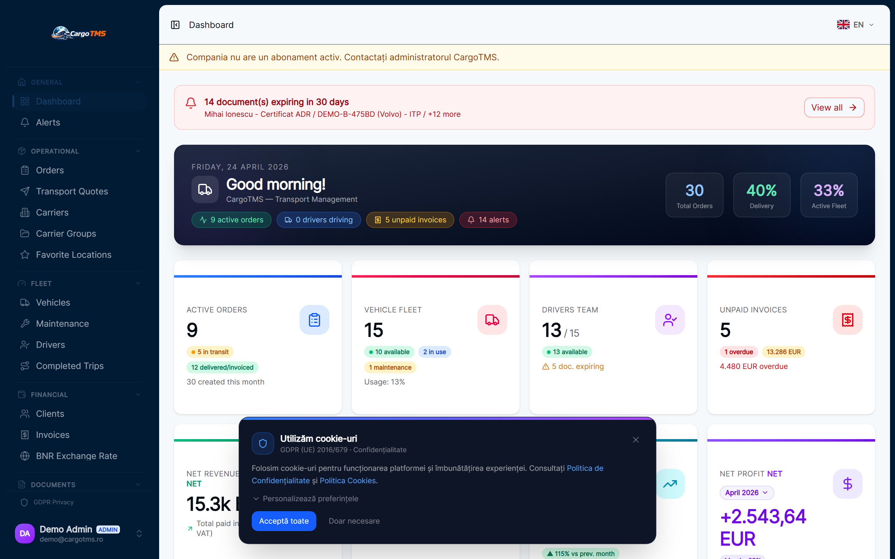 CargoTMS — Dashboard platformă